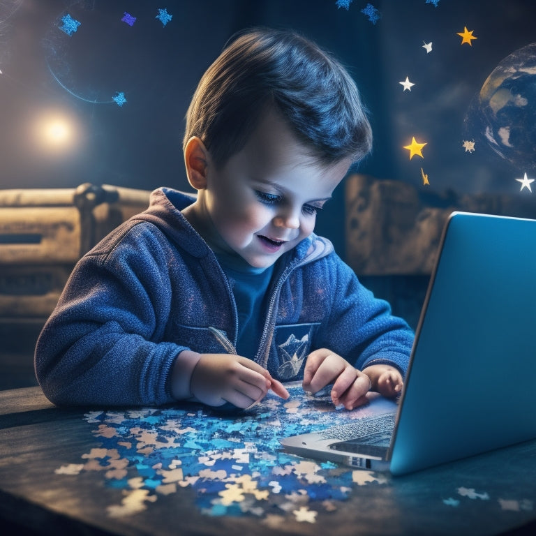 An illustration of a curious child surrounded by floating puzzle pieces, gears, and stars, with a subtle glow emanating from a laptop or tablet in the background, symbolizing limitless learning possibilities.