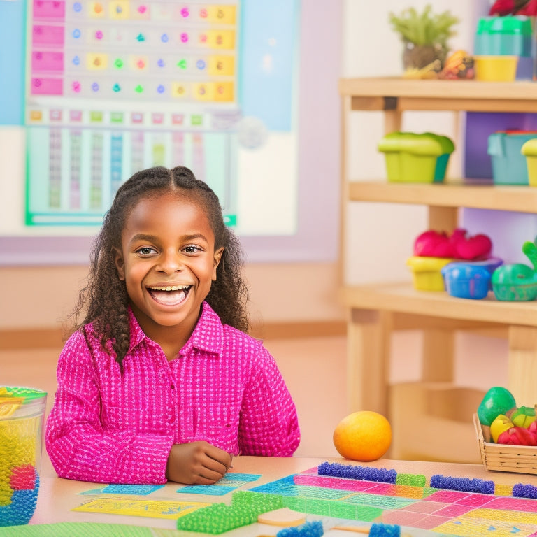 An illustration of a smiling 4th grader surrounded by colorful multiplication charts, arrays, and real-world objects (e.g., blocks, fruit) showcasing various multiplication scenarios in a fun, vibrant classroom setting.