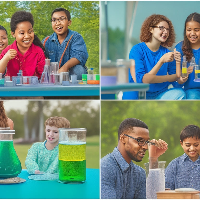 A colorful, split-screen illustration featuring a microscope and beaker-filled laboratory on one side, and a diverse group of students engaged in a fun, outdoor chemistry experiment on the other.