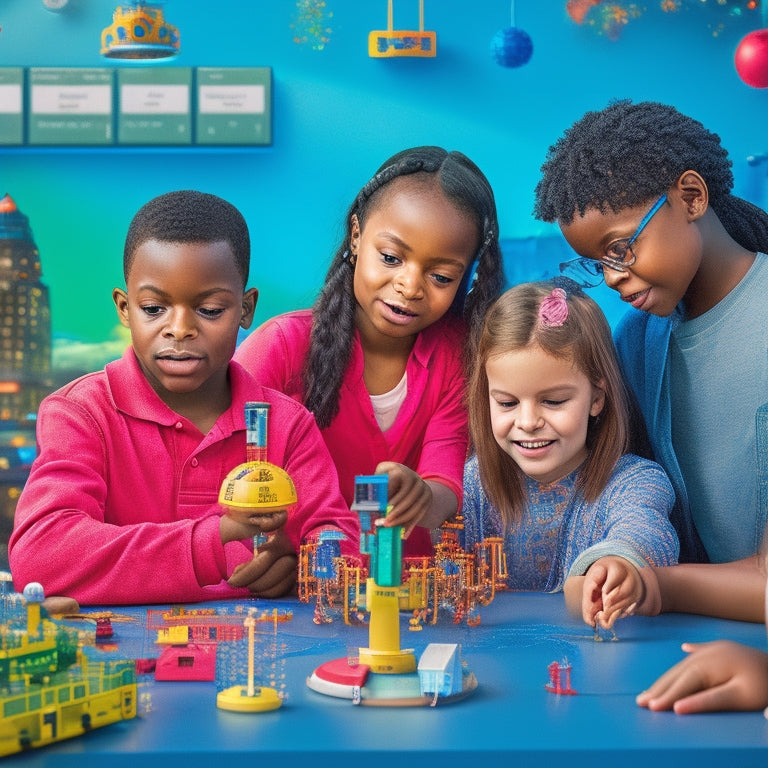 A vibrant, colorful illustration of diverse elementary-aged students engaged in various STEM activities, surrounded by robots, coding screens, microscopes, and 3D printed creations, amidst a backdrop of circuits and coding symbols.