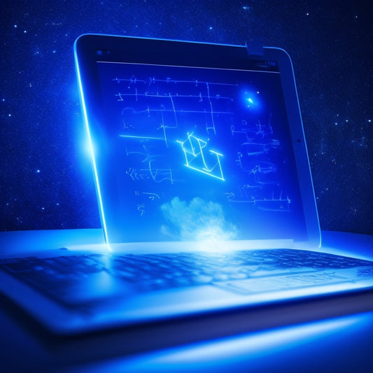 A futuristic, glowing white tablet with a stylus hovering above, surrounded by swirling math symbols and equations in vibrant colors, set against a dark blue, starry night sky background.