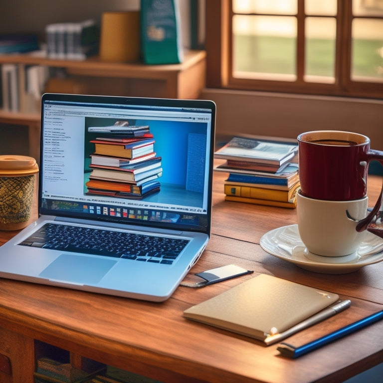 A laptop on a cluttered high school desk, surrounded by textbooks, pens, and a half-empty coffee cup, with a browser open to a virtual classroom or online course platform.