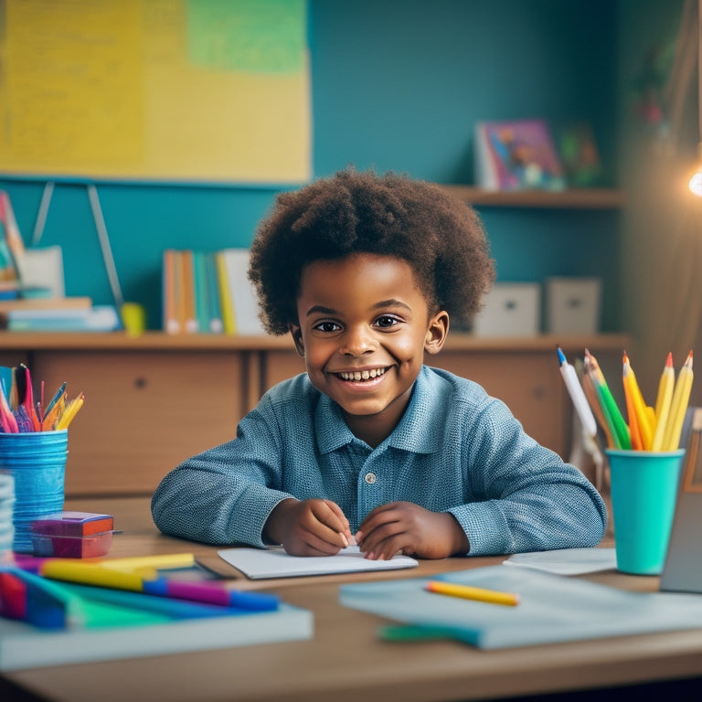 A warm and inviting illustration of a smiling child sitting at a desk, surrounded by colorful math textbooks and pencils, with a laptop open to a virtual whiteboard in the center.