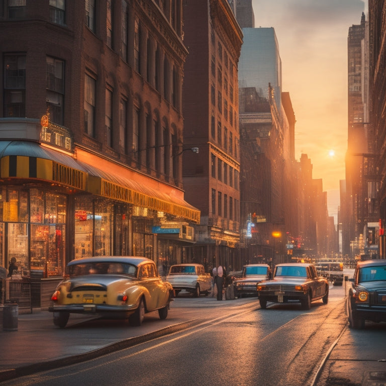 A bustling street scene in Manhattan at dusk, with steam rising from a row of diverse restaurants, vibrant neon signs, and eclectic storefronts, set against a warm golden-lit cityscape.