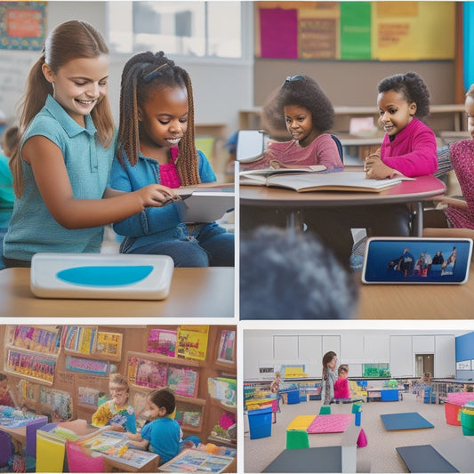 Illustrate a colorful, clutter-free elementary classroom with tablets, laptops, and desktops displaying educational apps and websites, surrounded by excited students of diverse ages and abilities, engaged in collaborative learning activities.