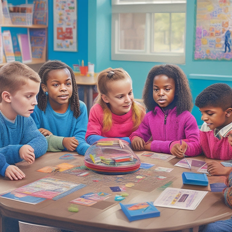 A colorful illustration of a second-grade classroom scene, featuring a group of diverse students enthusiastically playing spelling games with Evan-Moor workbooks and materials scattered around them.