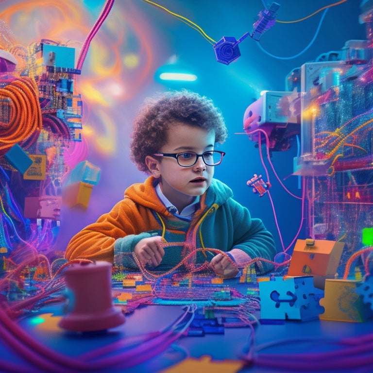 A whimsical illustration of a curious young mind surrounded by floating puzzle pieces, coding blocks, and robots, amidst a swirling vortex of colorful wires and circuits.