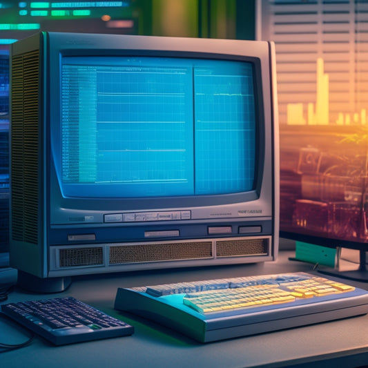 A faded, retro-style computer monitor with a nostalgic glow, displaying a blurred, pixelated graph with an upward trend, surrounded by scattered floppy disks, old financial newspapers, and a worn-out calculator.