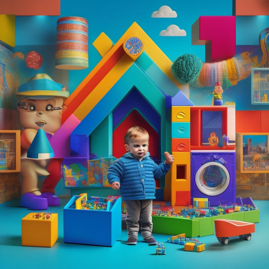 A colorful, whimsical illustration of a curious child surrounded by interactive educational tools, puzzles, and games, set against a background of building blocks, with subtle hints of digital devices and screens.