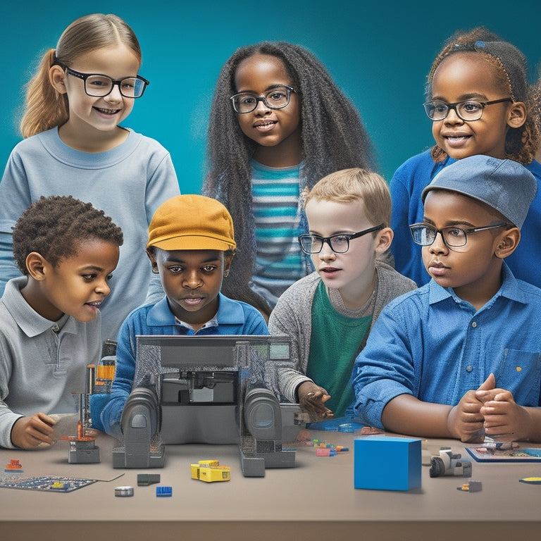 An illustration of a diverse group of children with special needs using various STEM tools, including a boy in a wheelchair holding a tablet, a girl wearing glasses examining a microscope, and others manipulating blocks and puzzles.