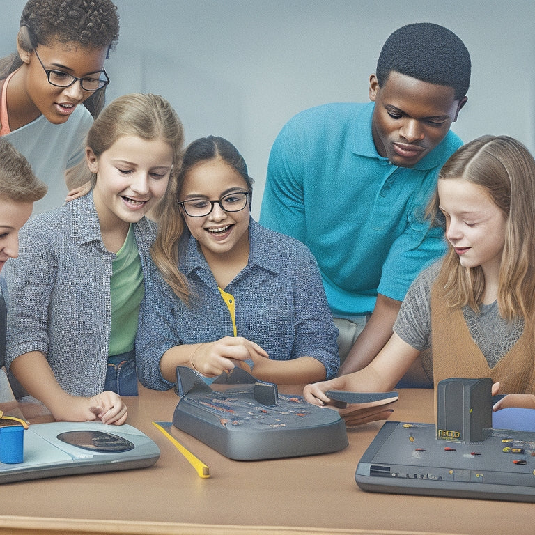 An illustration of a diverse group of students, each using a unique assistive technology device (e.g., text-to-speech software, braille display, speech-generating device), engaged in various learning activities.