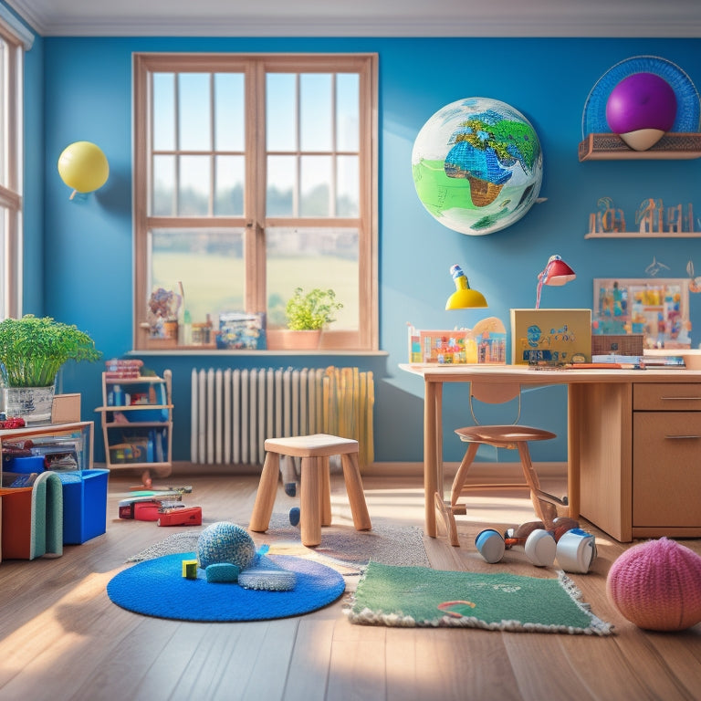 A colorful, clutter-free homeschooling space with a wooden desk, surrounded by educational toys and tools, including building blocks, a microscope, and a globe, amidst a subtle natural light background.