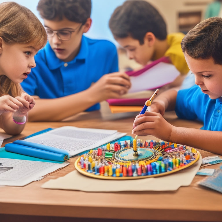 A cluttered school desk with a fidget spinner spinning in the center, surrounded by scattered pencils, crumpled papers, and a neglected open textbook, amidst a blurred background of students' faces.