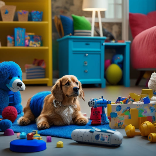 A colorful, clutter-free scene depicting a curious child surrounded by interactive toys, including a robotic dog, a puzzle, and a tablet with educational apps, amidst a subtle background of brain development illustrations.