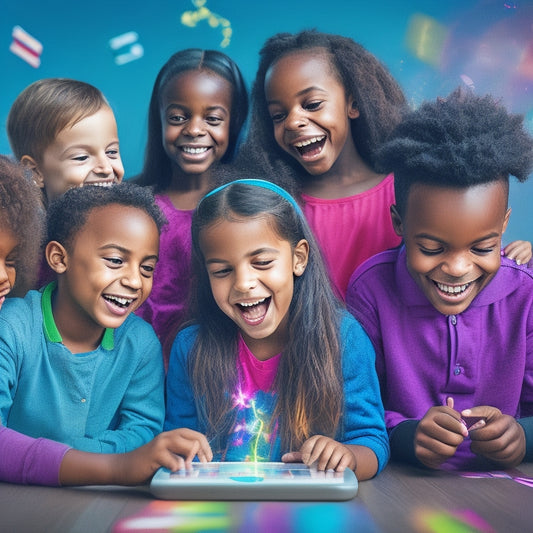 A colorful illustration of a group of diverse, smiling children aged 6-12, gathered around a tablet, playing a language learning game, with speech bubbles and sparks surrounding them, conveying excitement and engagement.