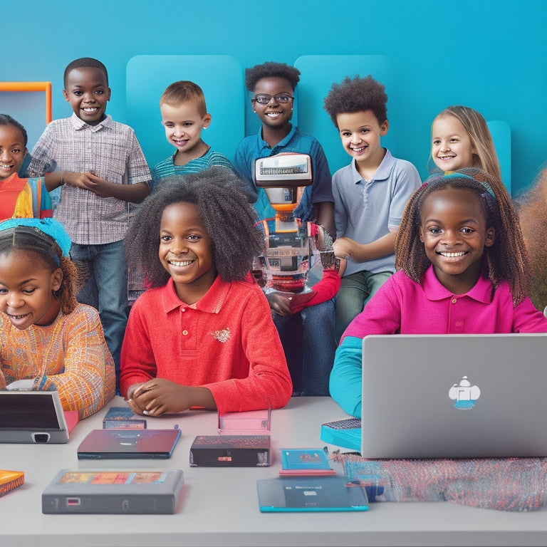 An illustration of a diverse group of happy, curious children aged 6-12, surrounded by tablets, laptops, and educational robots, with screens displaying interactive learning apps and games.