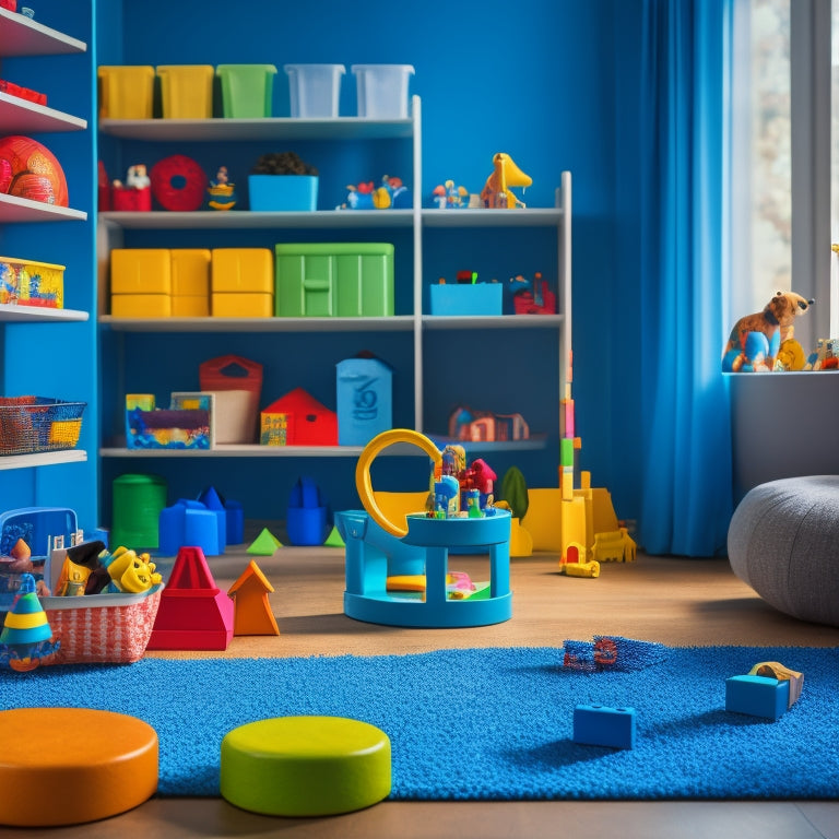 A colorful, clutter-free playroom with a baby surrounded by an assortment of STEM toys, including building blocks, shape sorters, and a push-pull toy, with a subtle, soft focus background.