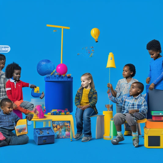 A colorful, inclusive illustration of diverse children with special needs engaged in various learning activities, surrounded by assistive technology devices, toys, and educational materials, set against a bright, gradient blue background.
