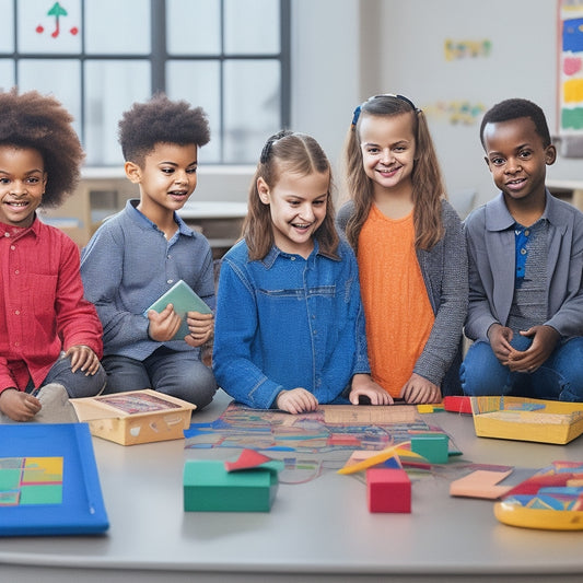 An illustration of a diverse group of children with special needs, each engaged with a tablet or laptop, surrounded by colorful math symbols, shapes, and graphs, in a bright, inclusive classroom setting.