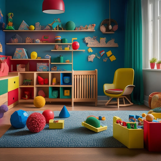 A colorful, clutter-free playroom with 5-7 toddler-friendly toys and educational objects, such as wooden blocks, shape sorters, and sensory balls, arranged in a inviting and organized way.