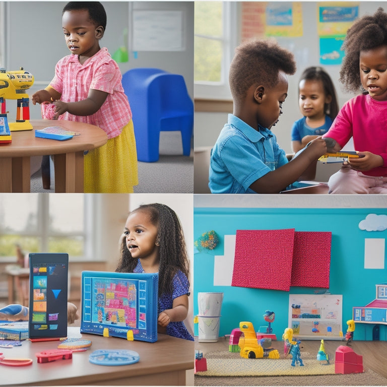 Illustrate a colorful, sunlit preschool classroom with diverse children engaged in various educational tech activities: tablets with interactive apps, robots, and virtual reality headsets, amidst blocks, toys, and learning aids.
