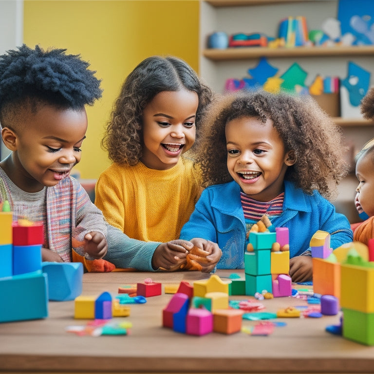 A playful, colorful illustration of happy children gathered around a table, surrounded by toy blocks, crayons, and puzzles, with a babysitter in the background, smiling and encouraging their creativity.