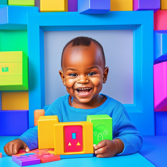 An illustration of a smiling preschooler surrounded by colorful blocks, counting cubes, and shapes, holding a tablet with a math-based digital puzzle on the screen, set against a bright blue background.