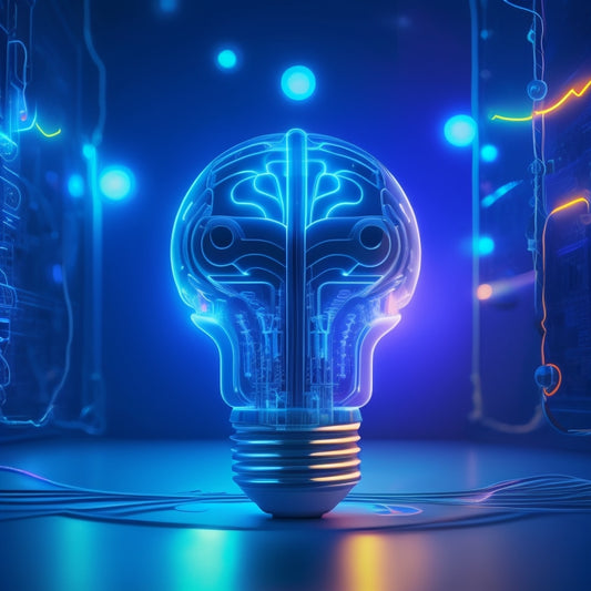 A futuristic, minimalist illustration featuring a stylized Android robot surrounded by swirling gears, circuits, and neon-lit brain waves, with a subtle glowing lightbulb above its head.