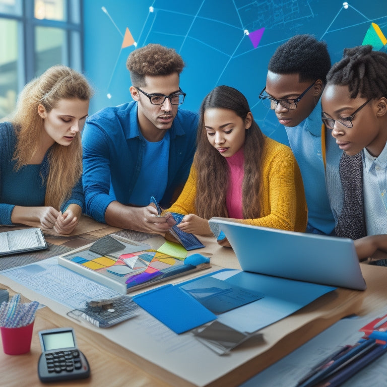 An illustration of a diverse group of students gathered around a tablet, surrounded by math-related objects like geometric shapes, calculators, and graph paper, with colorful digital graphs and charts displayed on the screen.