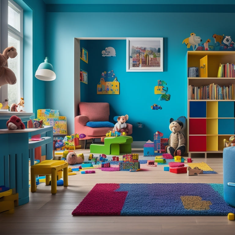 A colorful, clutter-free playroom with a toddler surrounded by blocks, shape-sorters, wooden puzzles, and stuffed animals, engaging with a mirror and a few open-ended toys, amidst scattered picture cards.