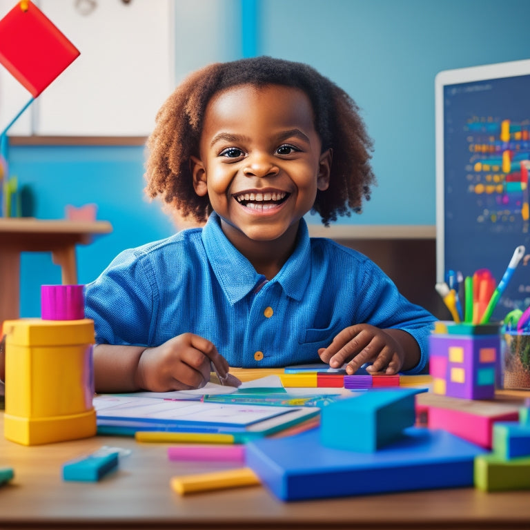A colorful illustration of a smiling elementary-aged child sitting at a desk, surrounded by math tools and colorful blocks, with a laptop open to a virtual whiteboard in the background.