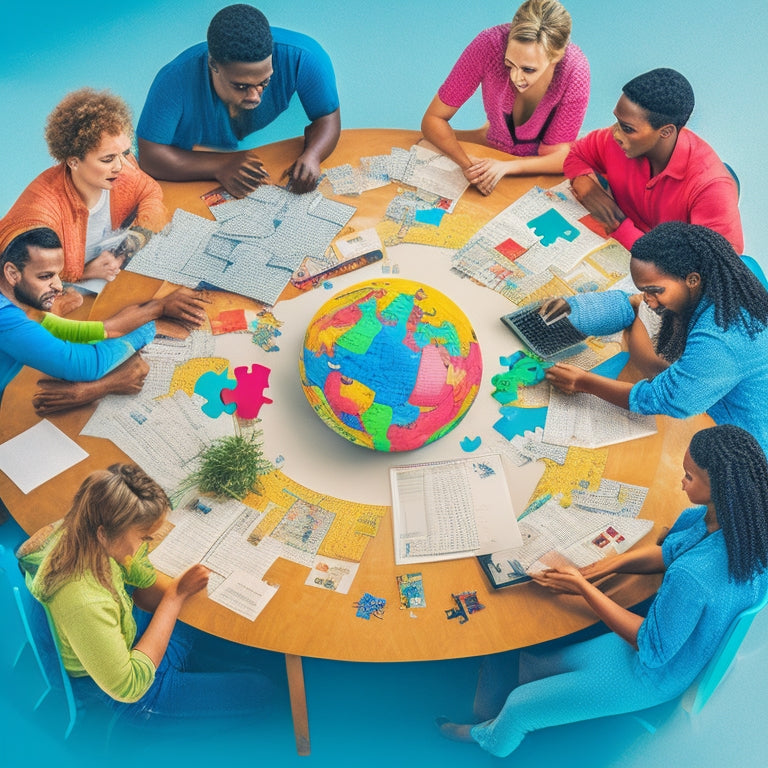 A colorful, clutter-free illustration of a diverse group of students gathered around a large, circular table, surrounded by grammar charts, vocabulary flashcards, and laptops, with puzzle pieces and lightbulbs above their heads.