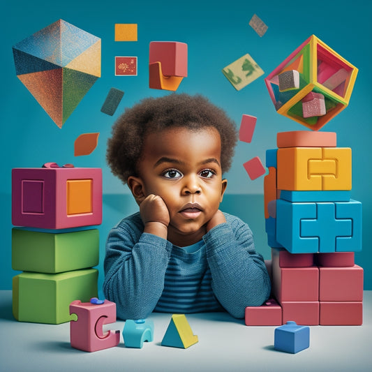 A colorful illustration of a young child, around 4-5 years old, surrounded by blocks, shapes, and puzzles, with a thought bubble above their head filled with math symbols and geometric shapes.