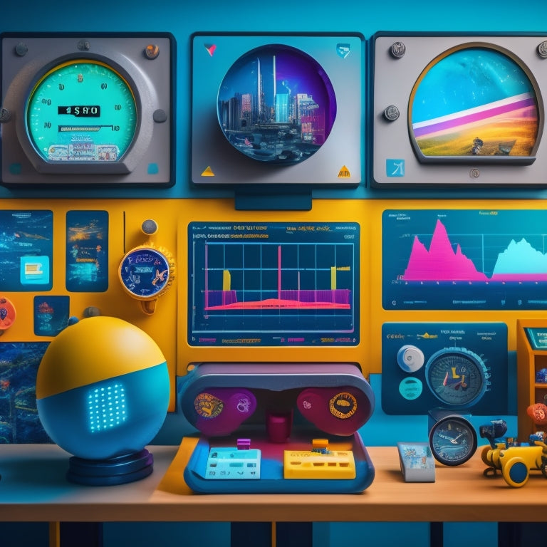 A colorful, futuristic dashboard with various gauges, charts, and graphs displaying metrics on a large screen, surrounded by educational toys, blocks, and robots, with a subtle background of a child's playroom.