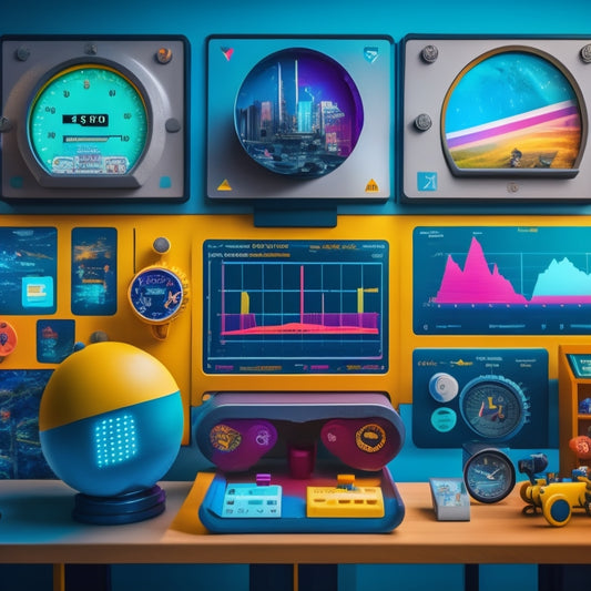 A colorful, futuristic dashboard with various gauges, charts, and graphs displaying metrics on a large screen, surrounded by educational toys, blocks, and robots, with a subtle background of a child's playroom.