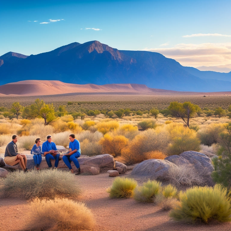 A serene landscape of New Mexico's high desert, with the Sandia Mountains in the background, featuring a diverse family of four engaging in outdoor activities together, surrounded by subtle hints of educational and recreational resources.