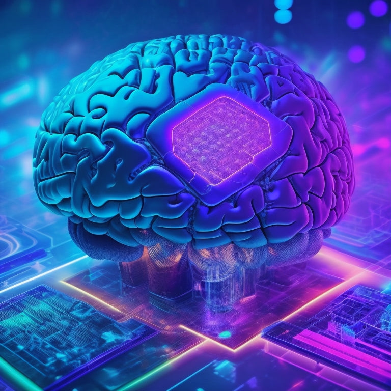 A vibrant, futuristic brain with glowing blue circuits and arithmetic symbols (+, -, x, /) swirling around it, surrounded by scattered puzzle pieces, chessboards, and geometric shapes in shades of green and purple.