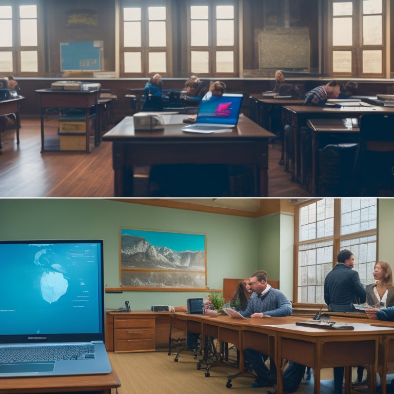 A split-screen image with a traditional classroom on the left, filled with rows of desks and a blackboard, and a modern online learning space on the right, featuring a laptop, headphones, and a globe.