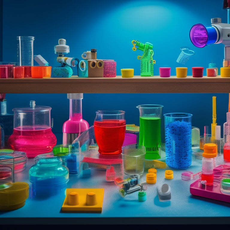 A colorful, cluttered laboratory table with beakers, test tubes, and Petri dishes filled with swirling liquids, alongside a microscope, robot, and building blocks, surrounded by curious children's hands and faces.