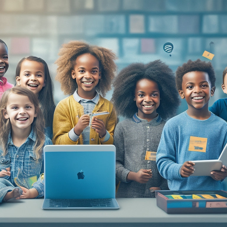 An illustration of a diverse group of happy children, each holding a tablet, surrounded by floating icons of educational subjects, with personalized learning paths and progress bars above each child.