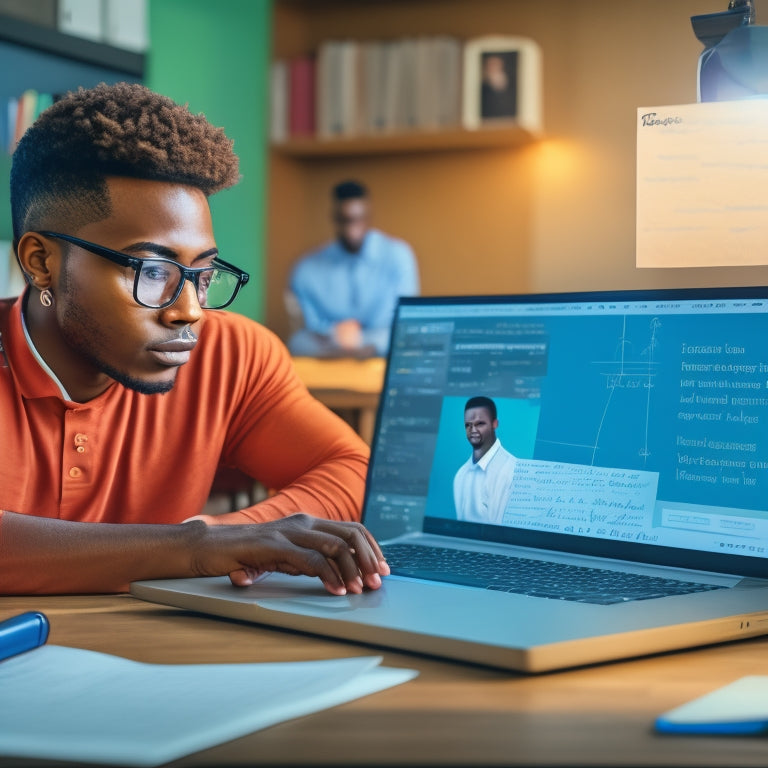 An illustration of a student sitting in front of a laptop, surrounded by textbooks and notes, with a virtual whiteboard and math equations floating above the screen, connected to a tutor's avatar in the corner.