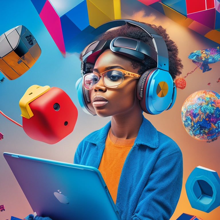 A colorful, futuristic illustration of a student surrounded by floating puzzle pieces, each containing a unique learning tool, such as a tablet, headphones, and a virtual reality headset.