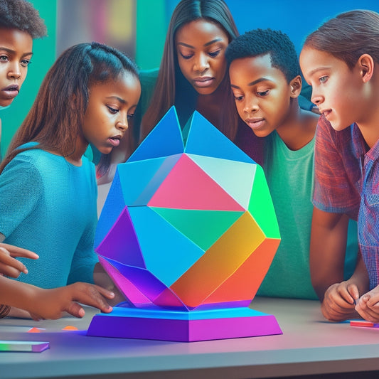 A colorful, dynamic illustration of a diverse group of middle school students gathered around a large, interactive touchscreen display, exploring 3D geometric shapes and collaborating on math problems.