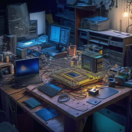 A cluttered, dimly lit 90s-era computer workstation with a NeXTcube in the center, surrounded by tangled cables, scattered circuit boards, and tools, with a worn-out motherboard on the edge of the desk.