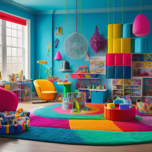 A vibrant, clutter-free playroom with a diverse group of children aged 6-12, surrounded by an array of colorful STEM toys, gadgets, and innovative contraptions, amidst a backdrop of bright, swirling shapes.