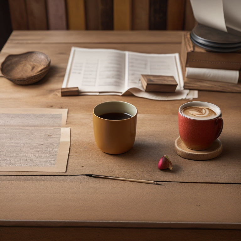 A worn, wooden desk cluttered with scattered papers, empty coffee cups, and a broken pencil, set against a dull, beige background with a faint, worn-out apple logo on the wall.