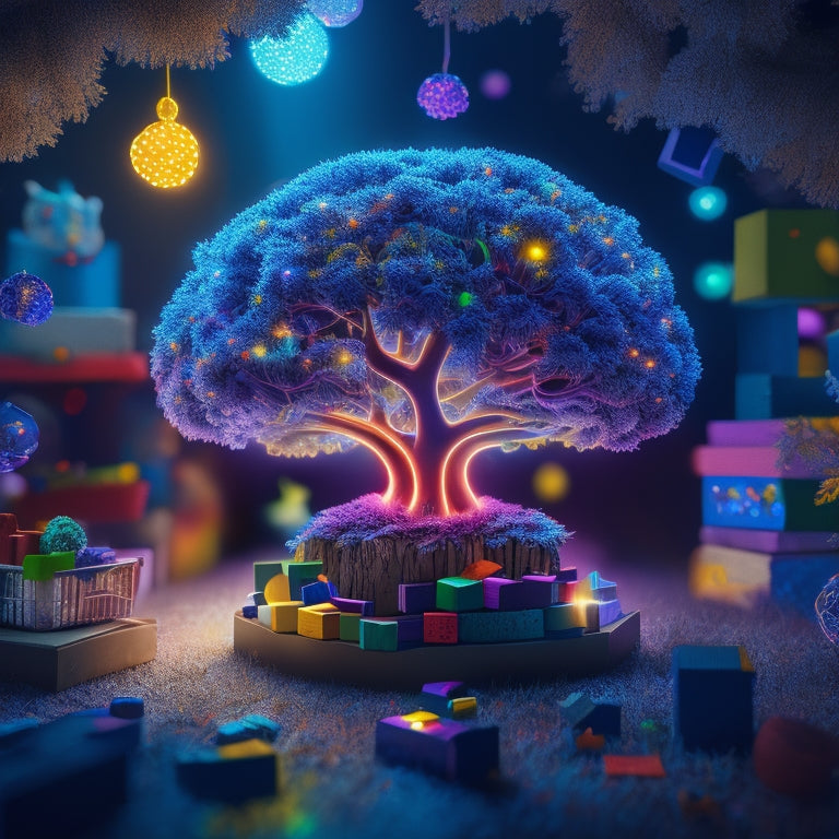 An illustration of a child's brain with glowing, swirling lights and colorful neurons, surrounded by toys, blocks, and puzzles, with a subtle background of a tree growing, symbolizing cognitive growth.