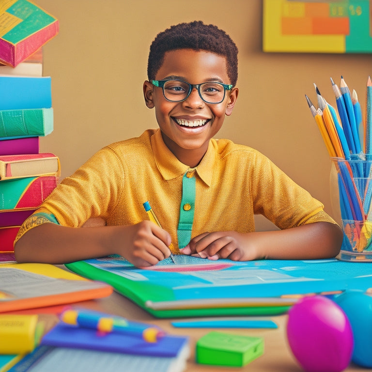 A colorful illustration of a smiling 7th-grade student sitting at a desk surrounded by math textbooks, pencils, and a calculator, with a thought bubble filled with numbers and equations.