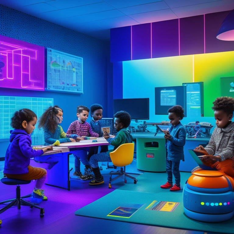 A colorful, futuristic classroom with diverse kids engaged on tablets and laptops, surrounded by robots, coding blocks, and virtual reality headsets, with a subtle cityscape background and a bright, glowing light bulb overhead.