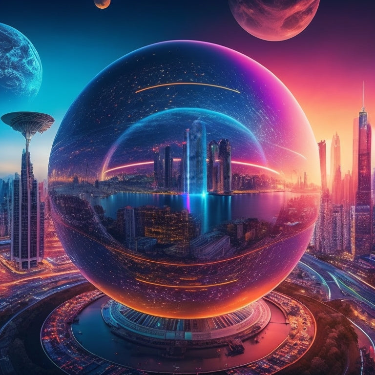 A futuristic, neon-lit cityscape at dusk with sleek skyscrapers and bustling streets, featuring a giant, glowing orb in the center, surrounded by orbiting digital icons and swirling code patterns.
